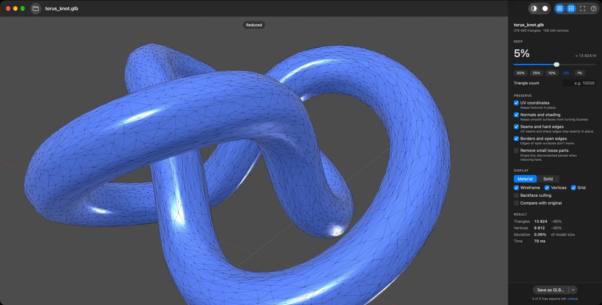 A knot with wireframe and vertex overlay and the Preserve options