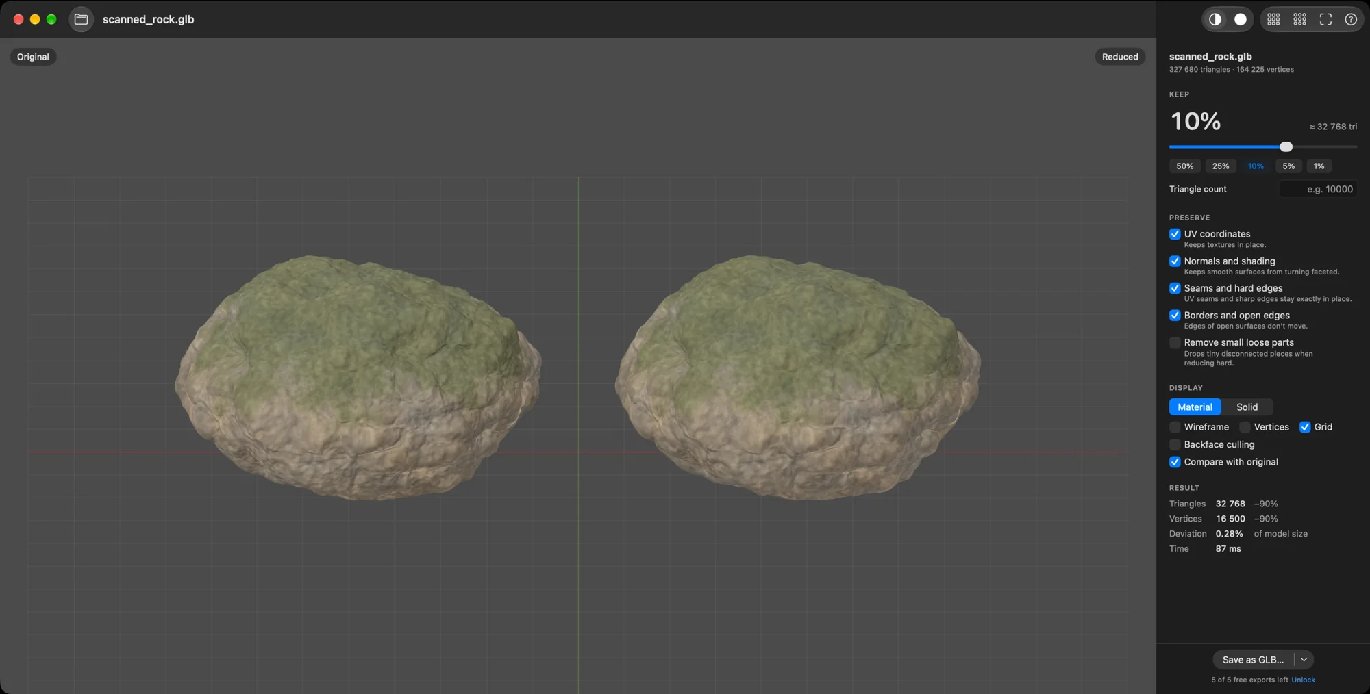 A textured rock at 10% next to the original